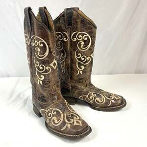 Reyme Womens Brown Leather Square Toe Cowboy Boots 7 A Narrow Embroidered 92756